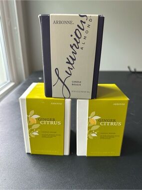 Arbonne Candle Trio — Luxurious Almond & Ginger Citrus in Cream, Navy, Green